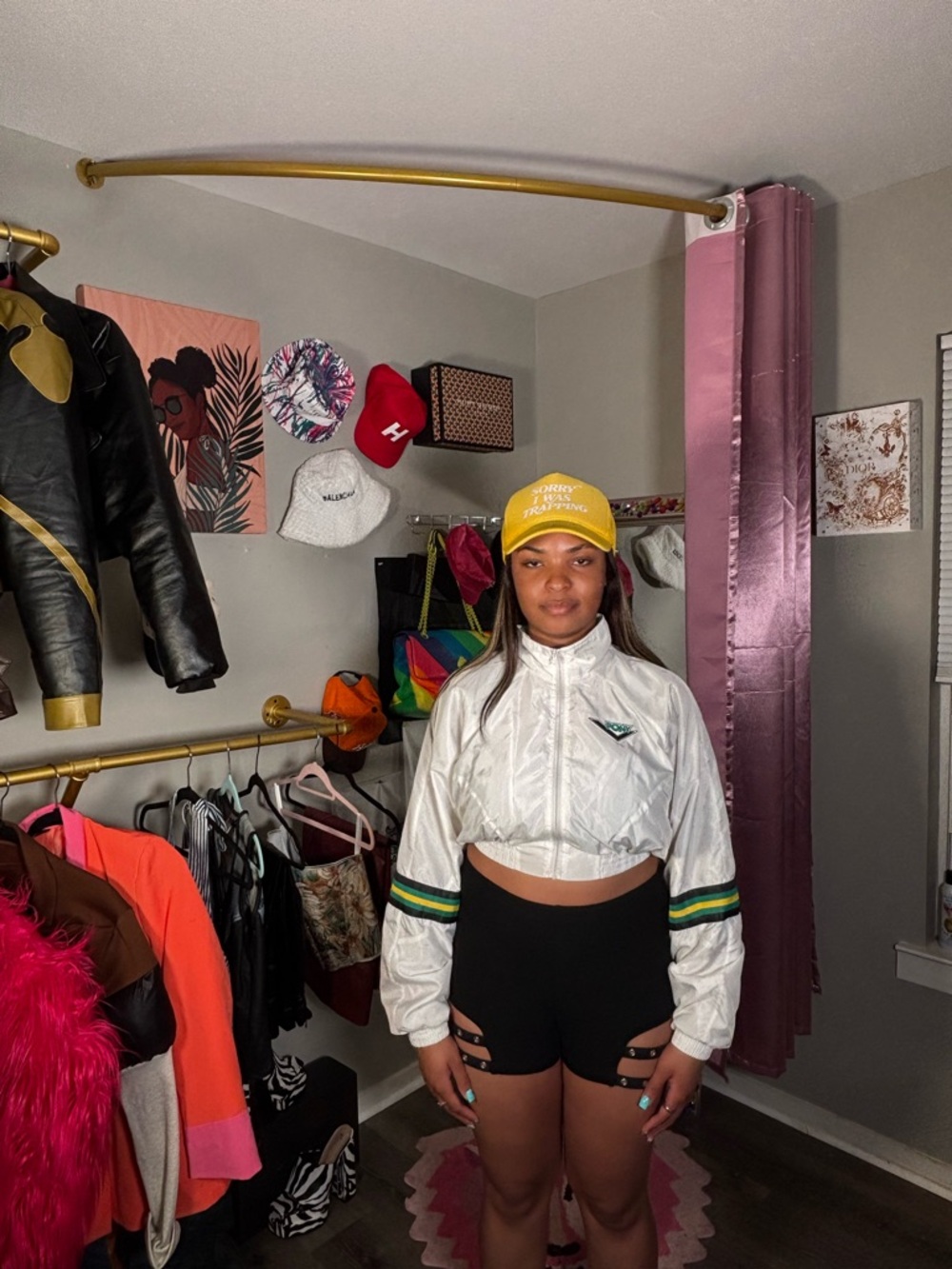 Pony White Cropped Windbreaker Bomber with Green and Yellow Stripes